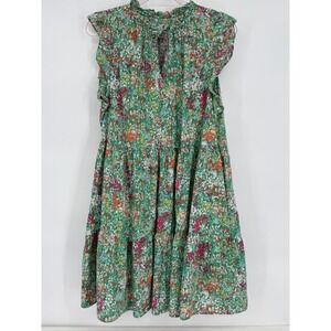 Time & Tru Tiered Floral Midi Dress Ruffle Neck Green Pink Boho Sz 22 XXXL